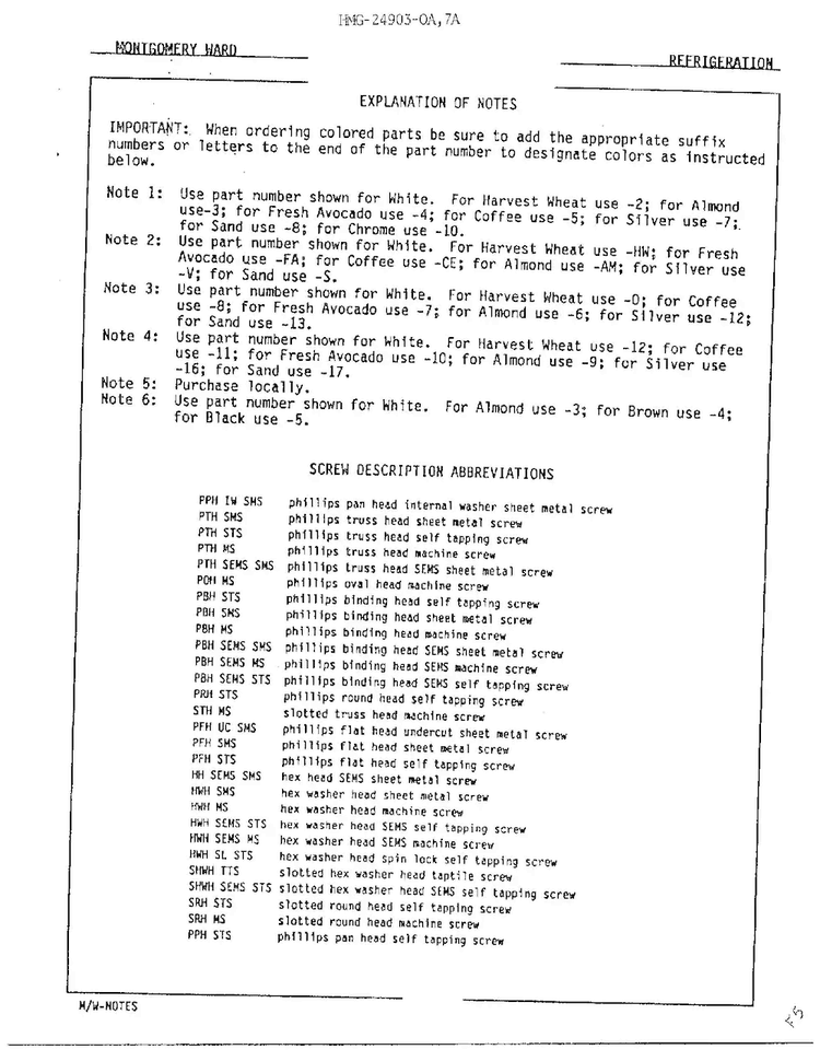 Refrigeration-screw Descript Abbrev Diagram and Parts List for 24903-OA  Admiral Refrigerator