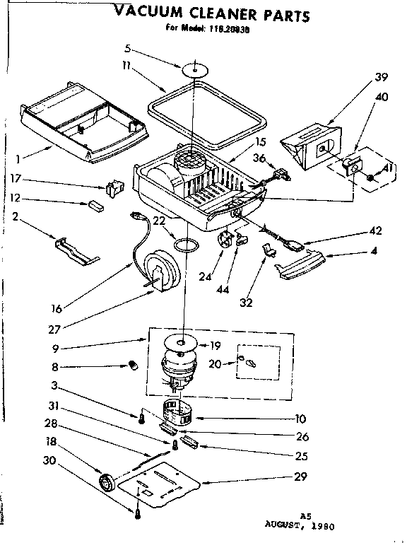 Base Assembly Diagram and Parts List for 11620830  Kenmore Canister Vacuum