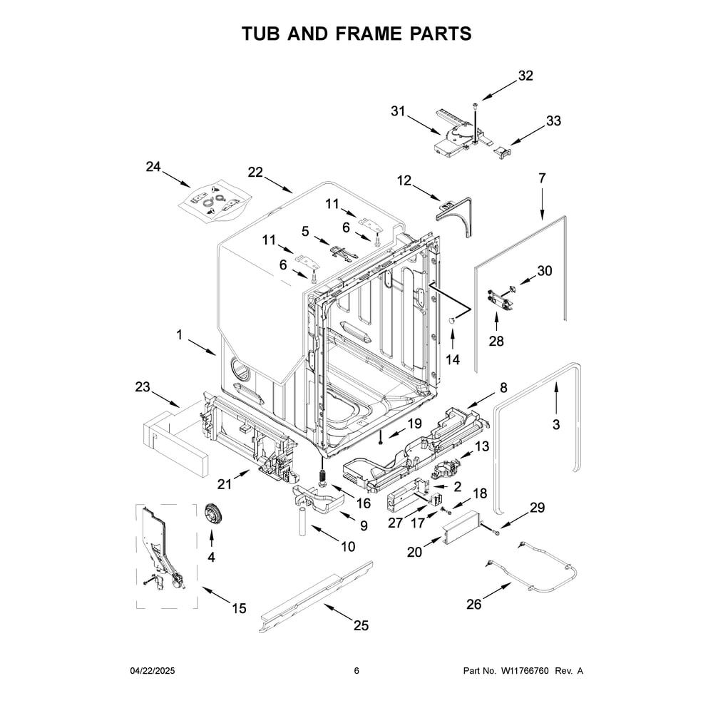 Tub And Frame Parts Diagram and Parts List for JDTS3924SL0  Jenn-Air Dishwasher