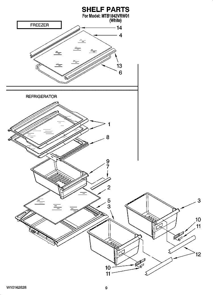SHELF PARTS, OPTIONAL PARTS (NOT INCLUDED) Diagram and Parts List for MTB1842VRW01  Maytag Refrigerator