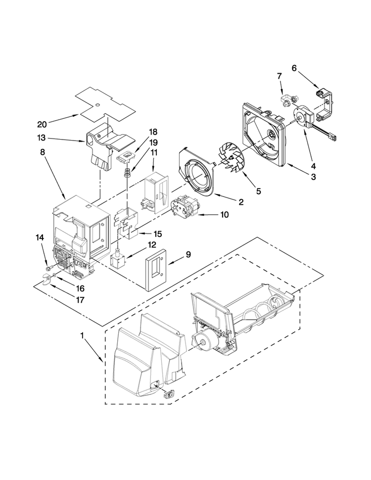 Motor And Ice Container Parts Diagram and Parts List for JFI2589AES3  Jenn-Air Refrigerator