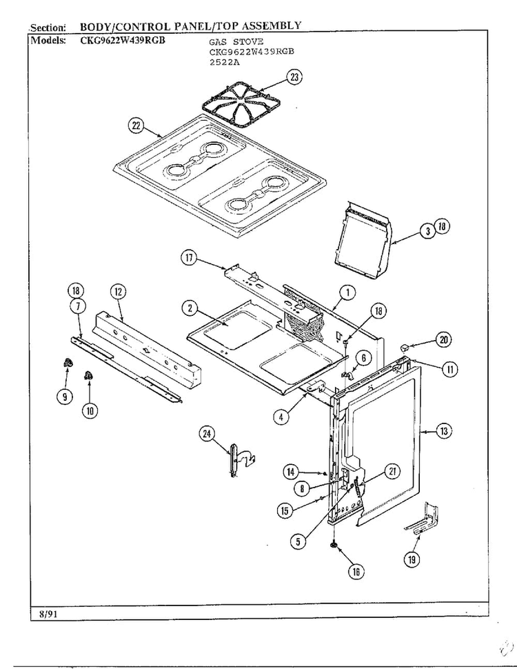 Body/control Panel/top Assembly Diagram and Parts List for 2522A  Hardwick Range
