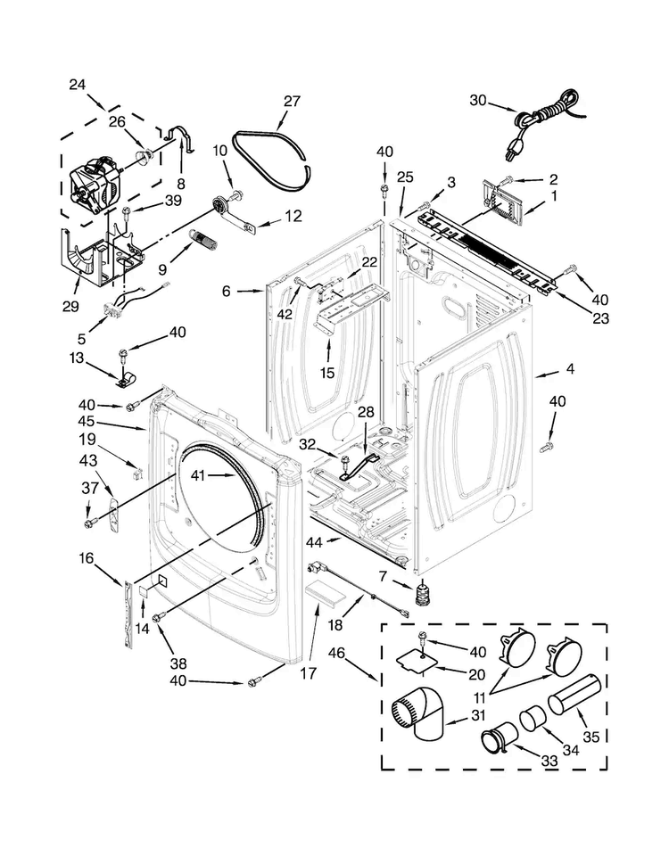 Cabinet Parts Diagram and Parts List for MGD6000XW0  Maytag Dryer