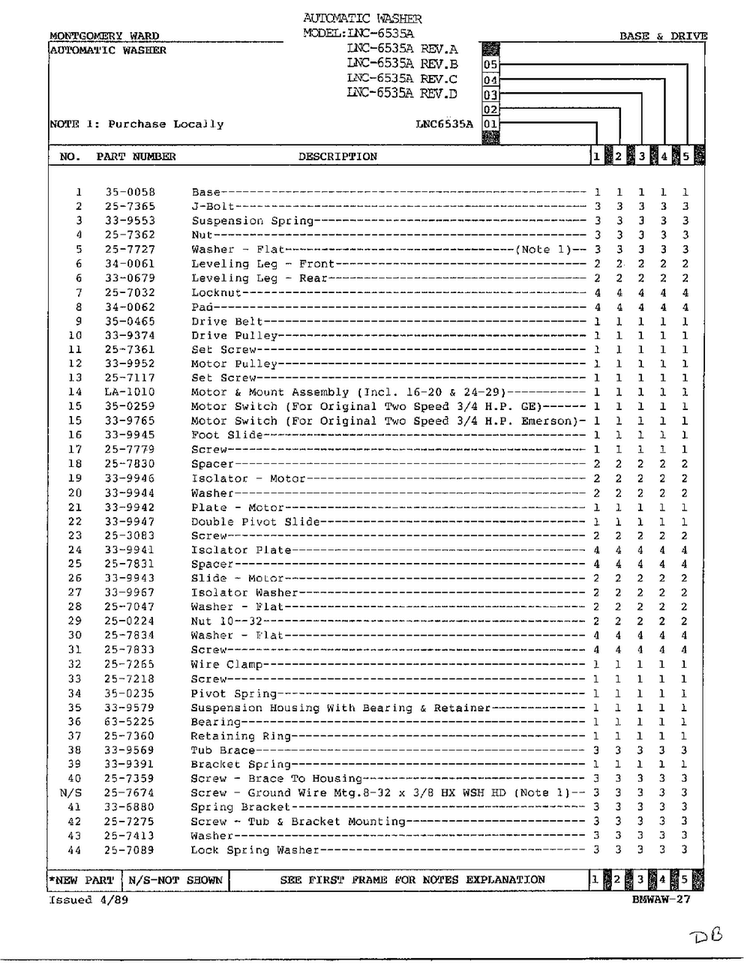 Base And Drive Page 2 Diagram and Parts List for 6535A REV C Norge Washer