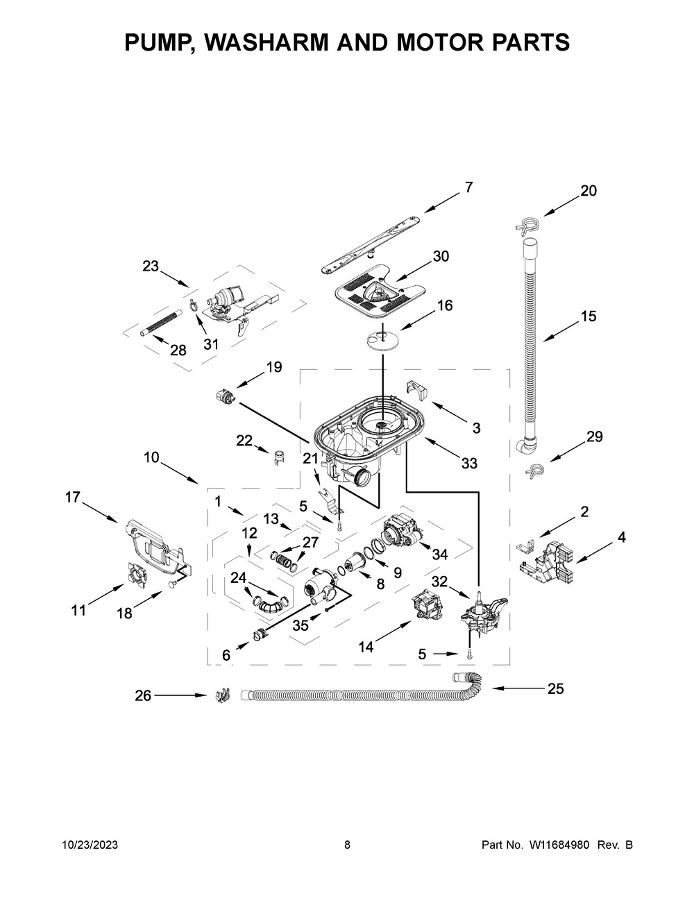 Pump, Washarm And Motor Parts Diagram and Parts List for MDB8959SKZ2  Maytag Dishwasher