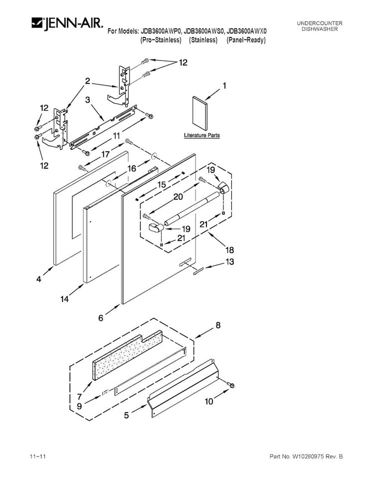 Door And Panel Parts Diagram and Parts List for JDB3600AWS0  Jenn-Air Dishwasher