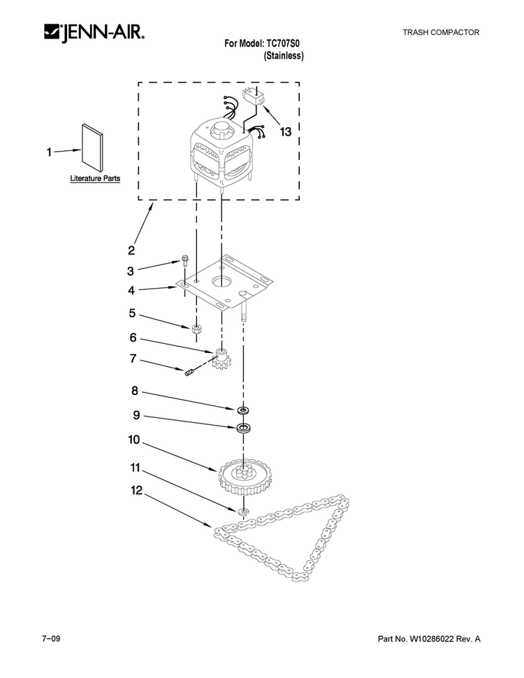 Motor And Drive Parts Diagram and Parts List for TC707S0  Jenn-Air Trash Compactor