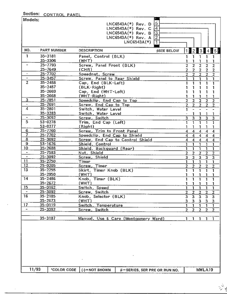Control Panel Page 2 Diagram and Parts List for 6543A  Norge Washer