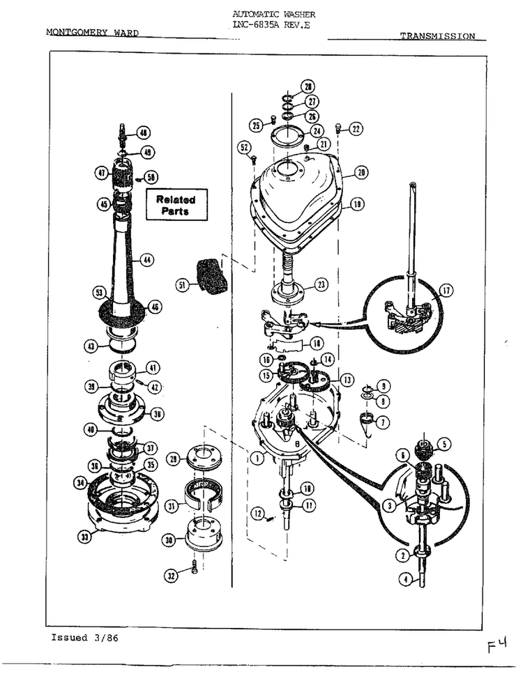 Transmission And Related Parts Diagram and Parts List for 6835A REV E Norge Washer
