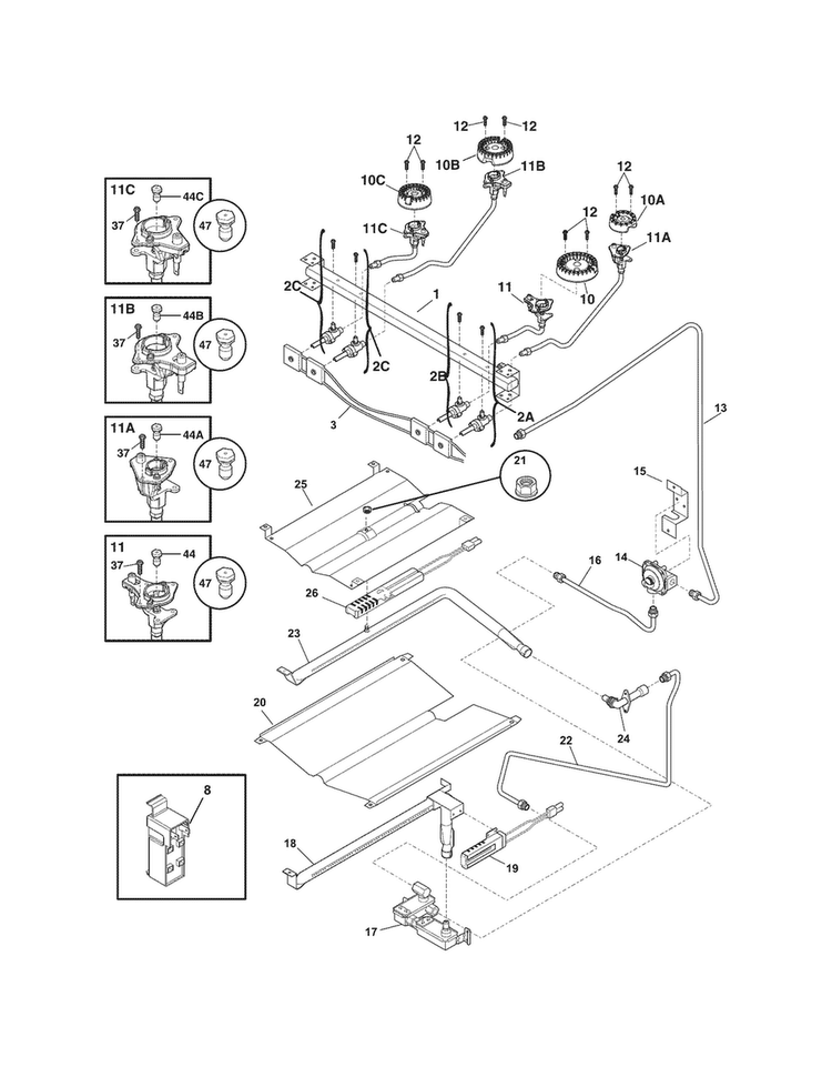 Burner Diagram and Parts List for CRG3480LWF  Crosley Range