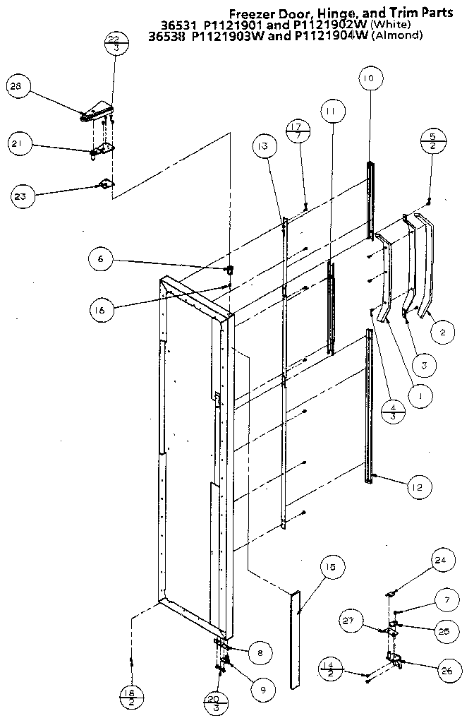 Freezer Door, Hinge, And Trim Diagram and Parts List for 36531-P1121902W  Amana Refrigerator