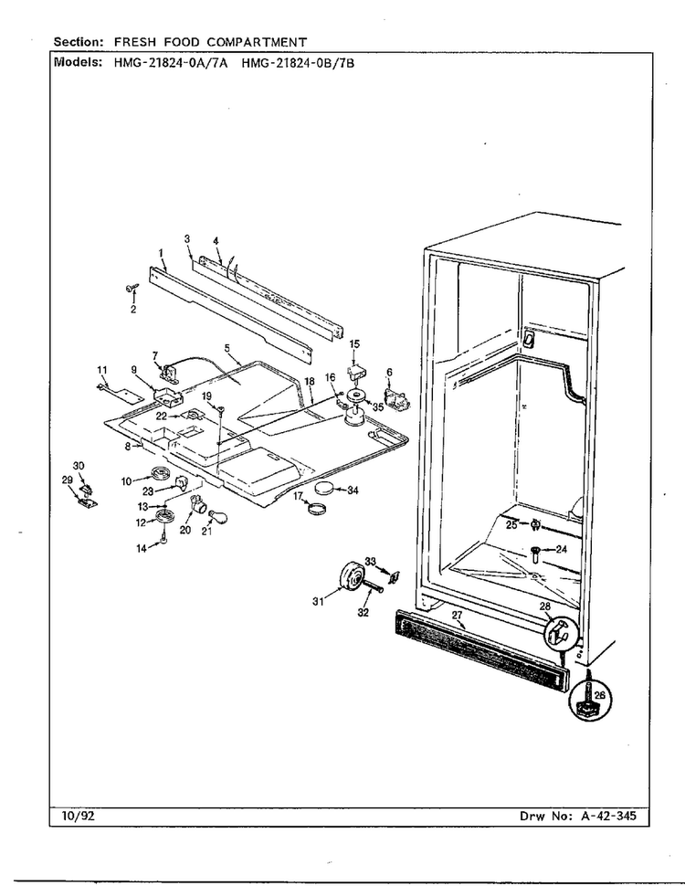 Fresh Food Compartment Diagram and Parts List for 21824-0A  Admiral Refrigerator