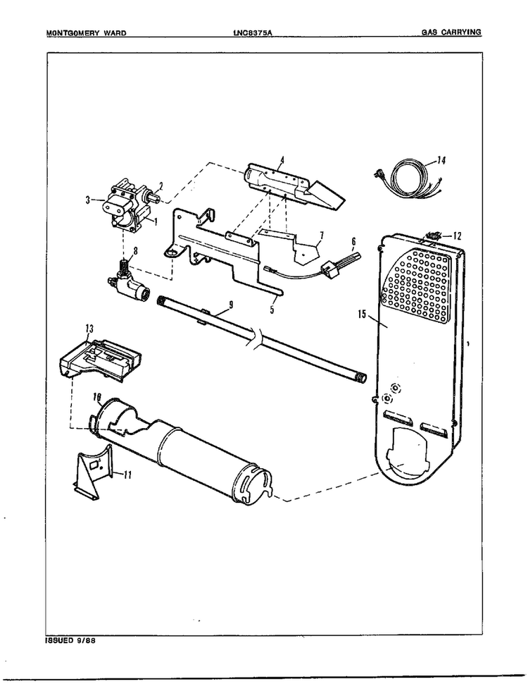 Gas Dryer Gas Carrying Assembly Diagram and Parts List for 8375A REV D Norge Dryer