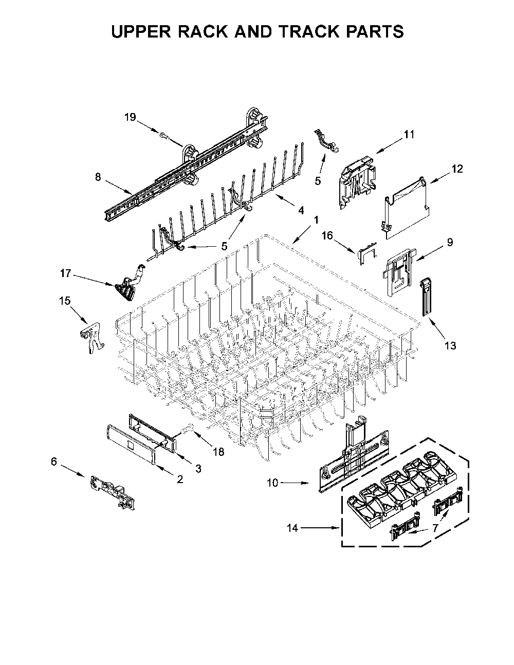 Upper Rack And Track Parts Diagram and Parts List for 66514799N512  Kenmore Dishwasher