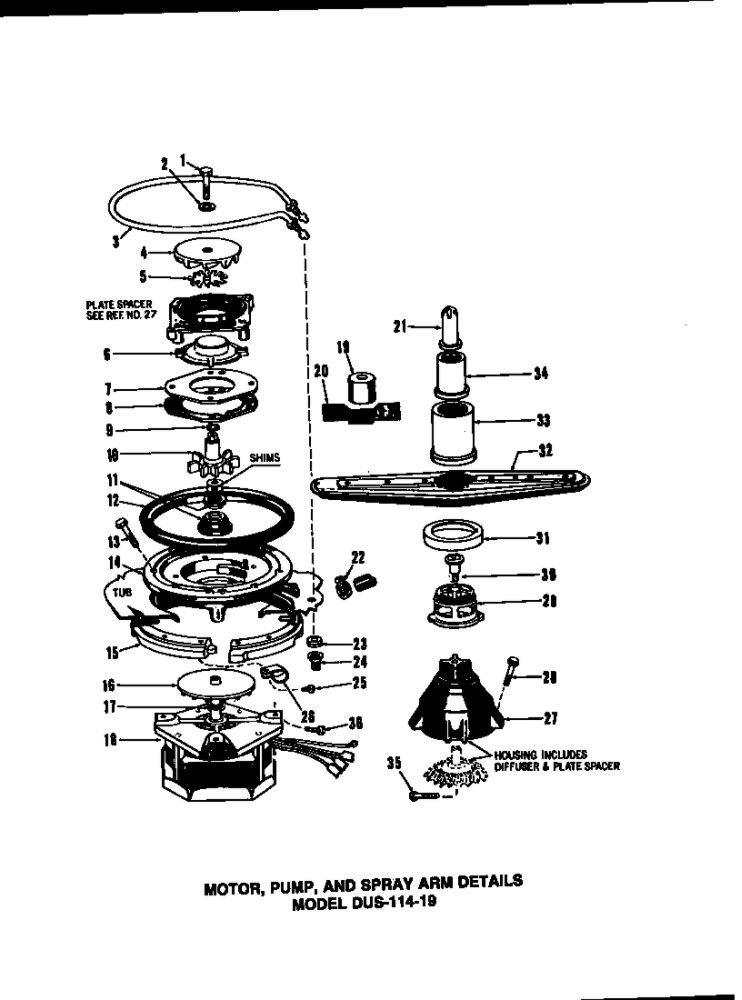 Motor, Pump, And Spray Arm Details 2 Diagram and Parts List for DUS-414-19  Maytag Dishwasher