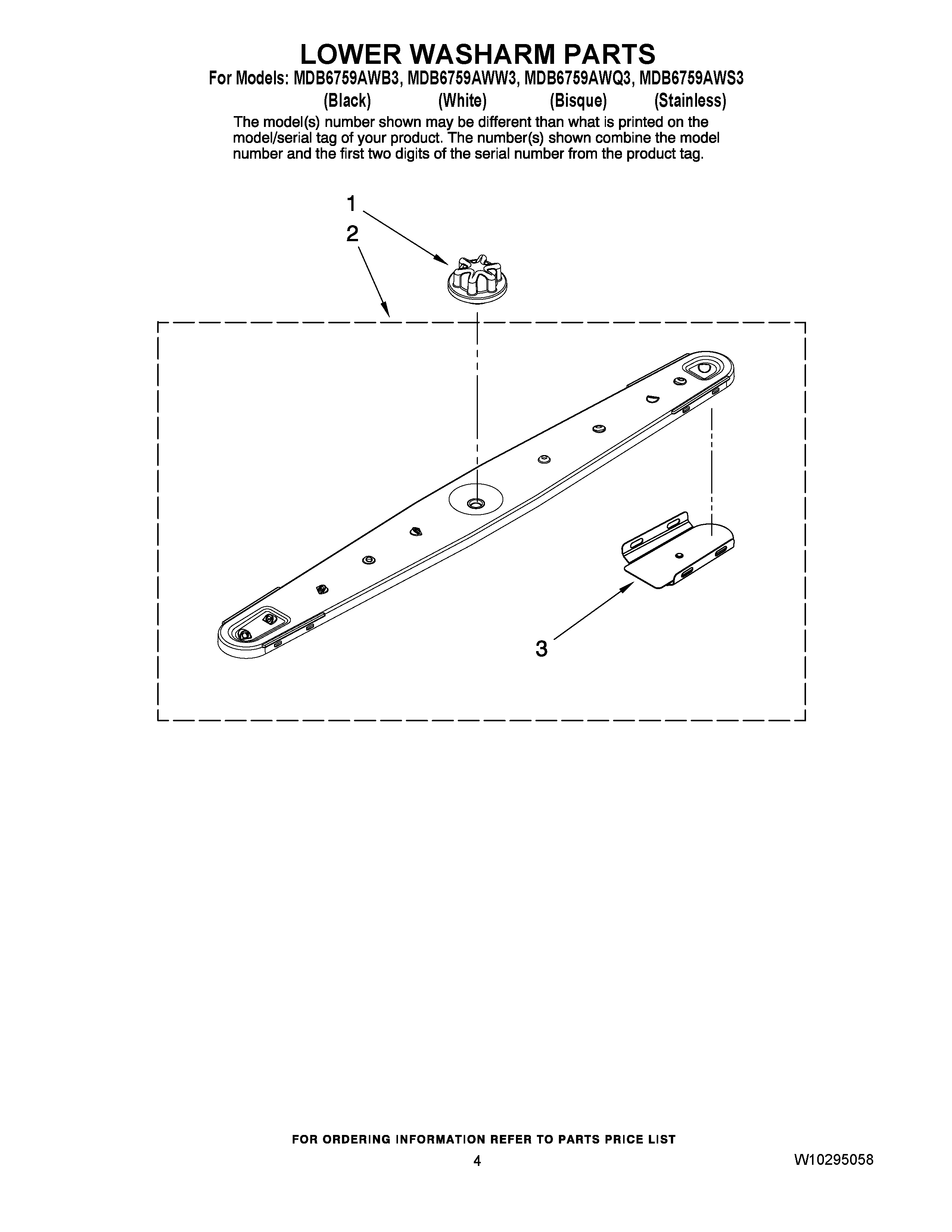 04 - LOWER WASHARM PARTS Diagram and Parts List for MDB6759AWW3  Maytag Dishwasher
