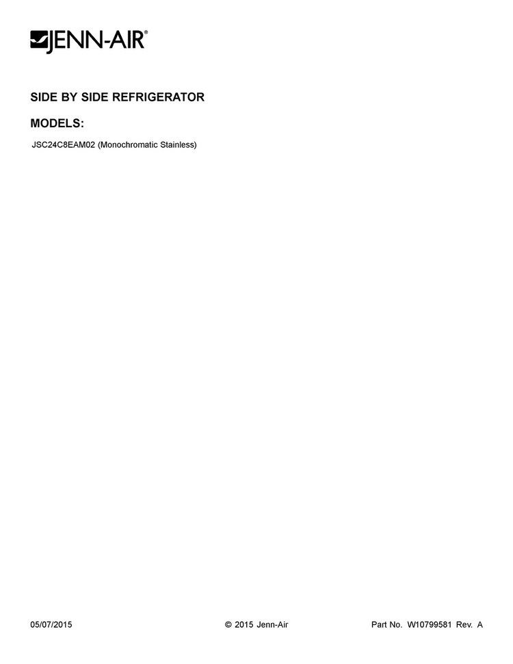 Cover Sheet Diagram and Parts List for JSC24C8EAM02  Jenn-Air Refrigerator