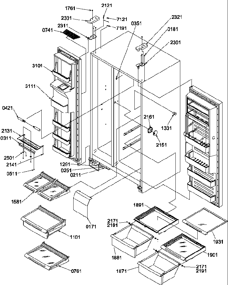 Refrigerator/freezer Shelves, Lights, And Hinges Diagram and Parts List for SBDT520SW-P1185103WW  Amana Refrigerator