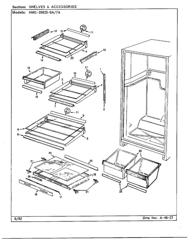 Shelves And Accessories Diagram and Parts List for 39825-7A  Admiral Refrigerator