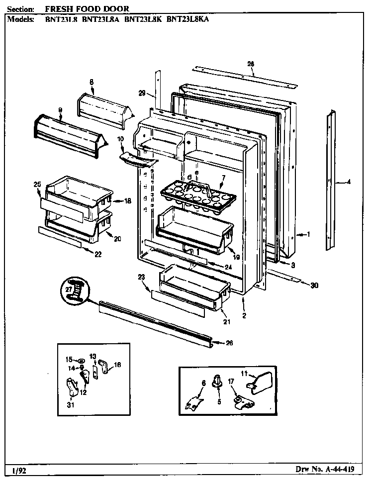Fresh Food Door Diagram and Parts List for BNT23L8K BL96A Maytag Refrigerator