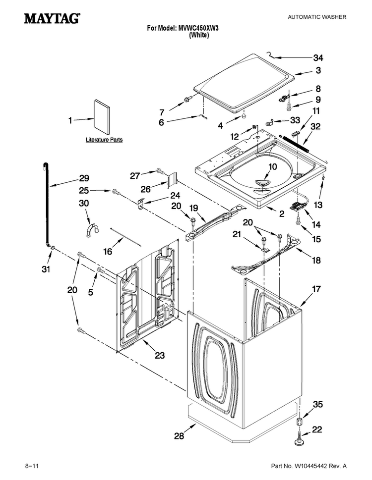 Top And Cabinet Parts Diagram and Parts List for MVWC450XW3  Maytag Washer