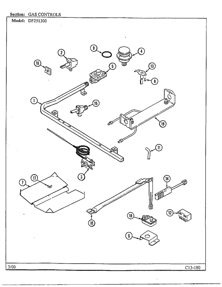 Gas Controls Diagram and Parts List for DF251300  Magic Chef Range