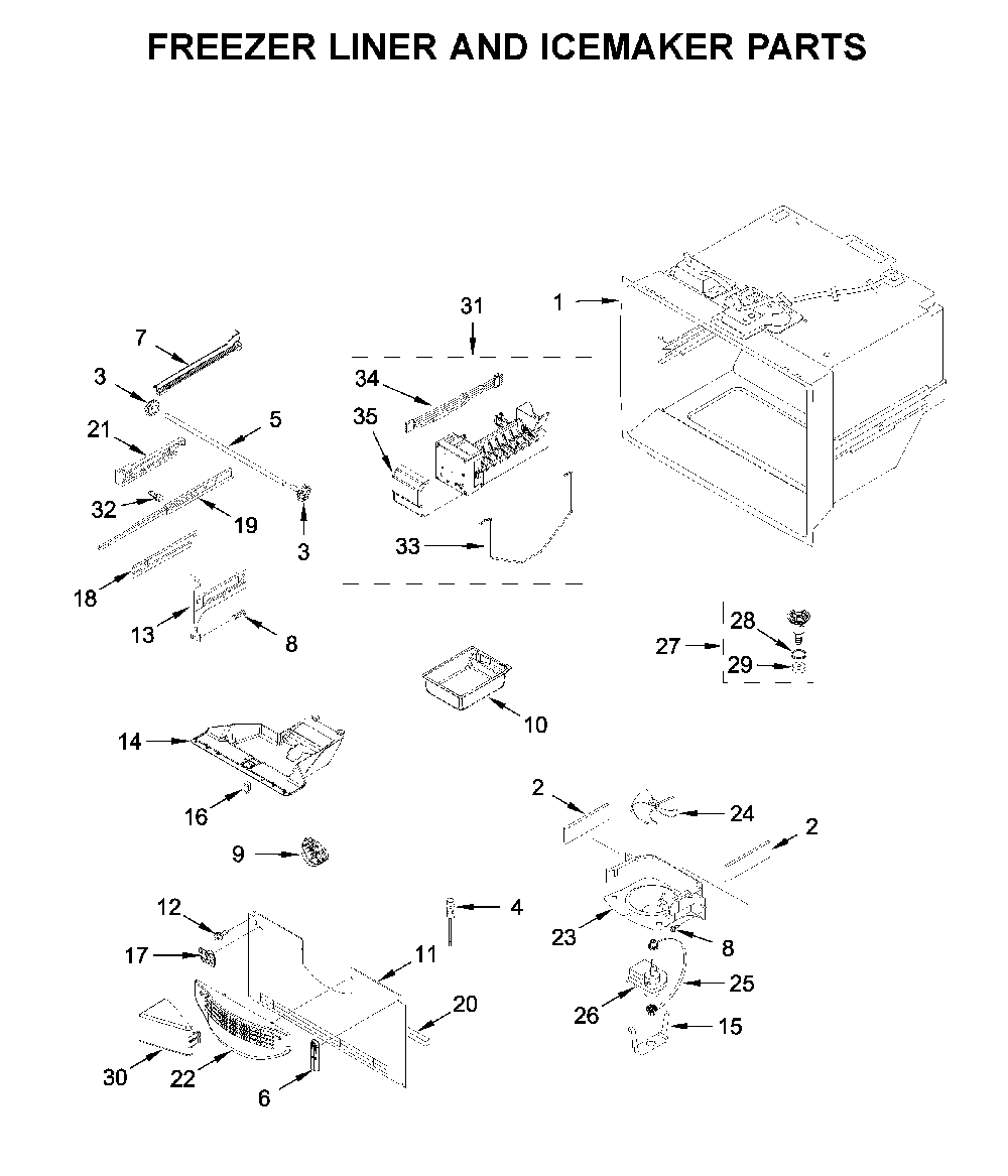 Freezer Liner And Icemaker Parts Diagram and Parts List for 59679343511  Kenmore Refrigerator
