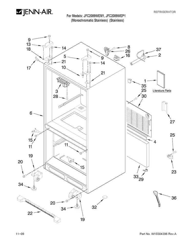 Cabinet Parts Diagram and Parts List for JFC2089WEM1  Jenn-Air Refrigerator