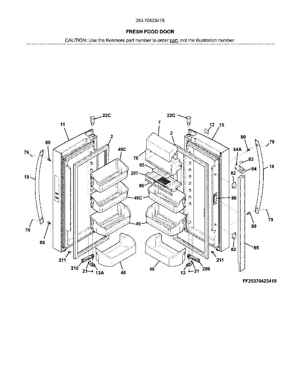 Fresh Food Doors Diagram and Parts List for 2537042341B  Kenmore Refrigerator