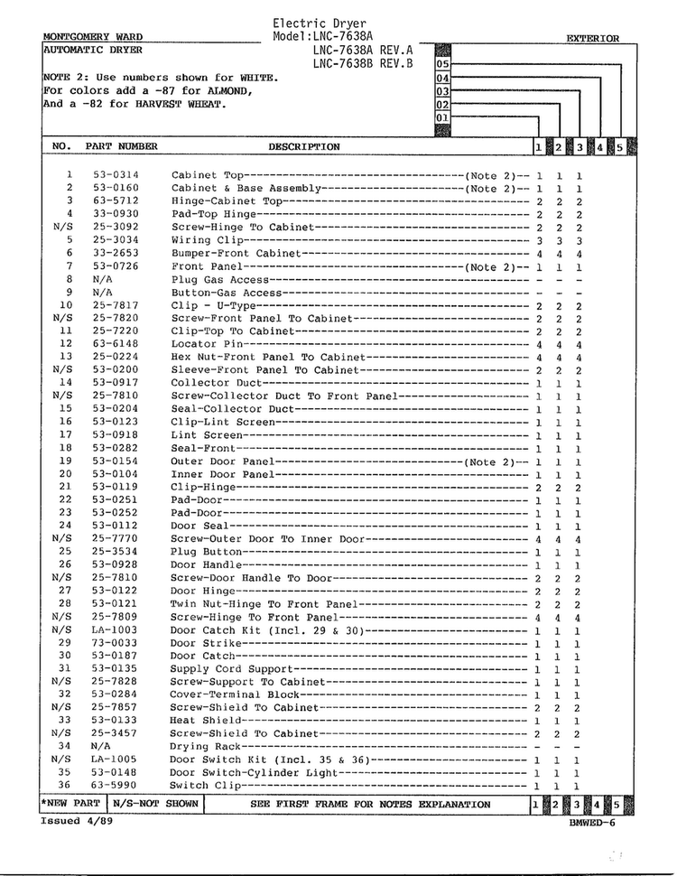 Exterior Page 2 Diagram and Parts List for 7638A  Norge Dryer