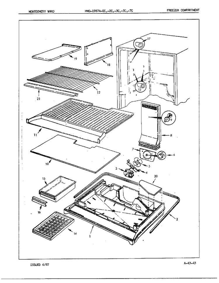Freezer Compartment Diagram and Parts List for 19874A  Admiral Refrigerator