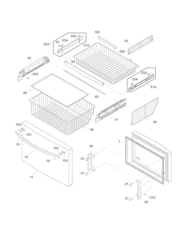 Freezer Drawer, Baskets Diagram and Parts List for CFD28WIBC  Crosley Refrigerator