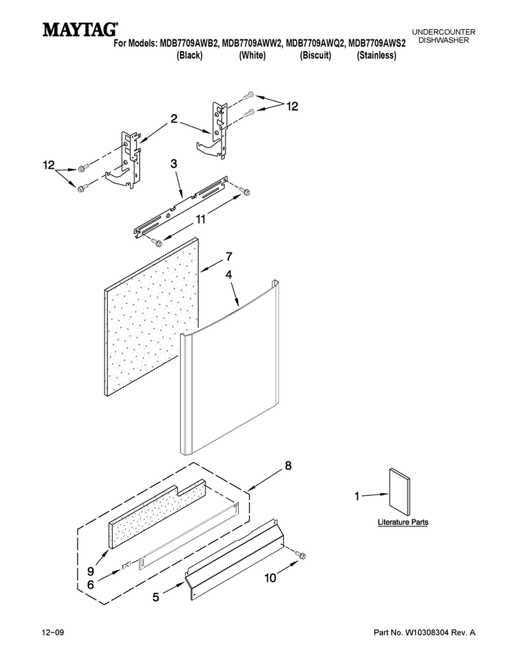 Door And Panel Parts Diagram and Parts List for MDB7709AWB2  Maytag Dishwasher