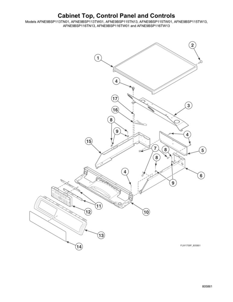 Cabinet Top/Control Panel/Controls Diagram and Parts List for AFNE9BSP115TN13  Speed Queen Washer