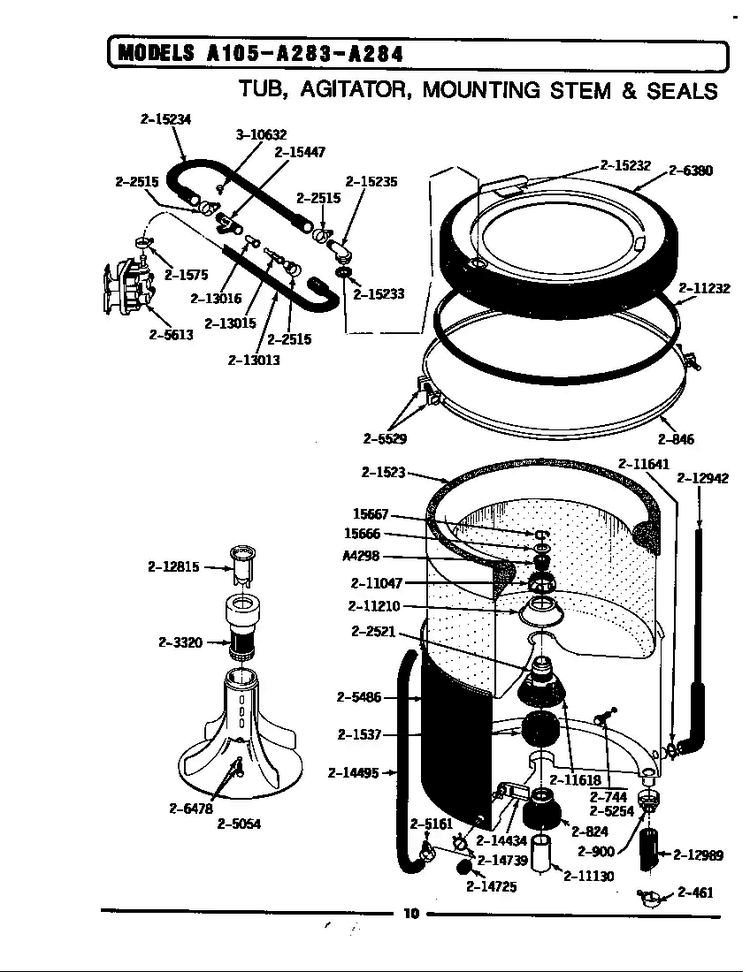 Tub, Agitator, Mounting Stem & Seal Diagram and Parts List for BA283  Maytag Washer