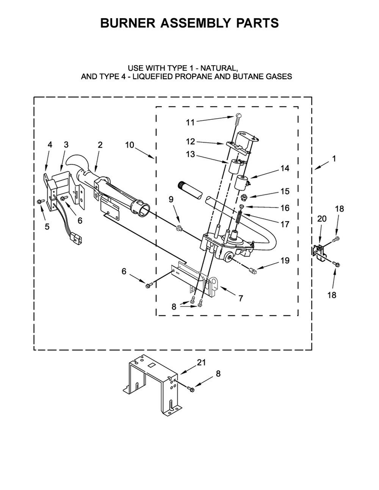 Burner Assembly Parts Diagram and Parts List for MGDB835DW3  Maytag Dryer