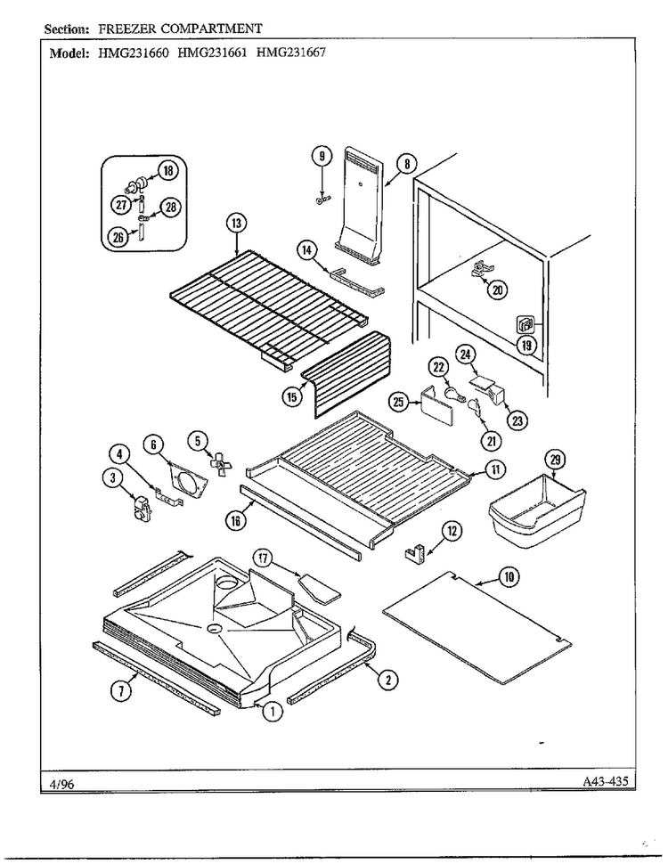 Freezer Compartment Diagram and Parts List for HMG-231667  Admiral Refrigerator