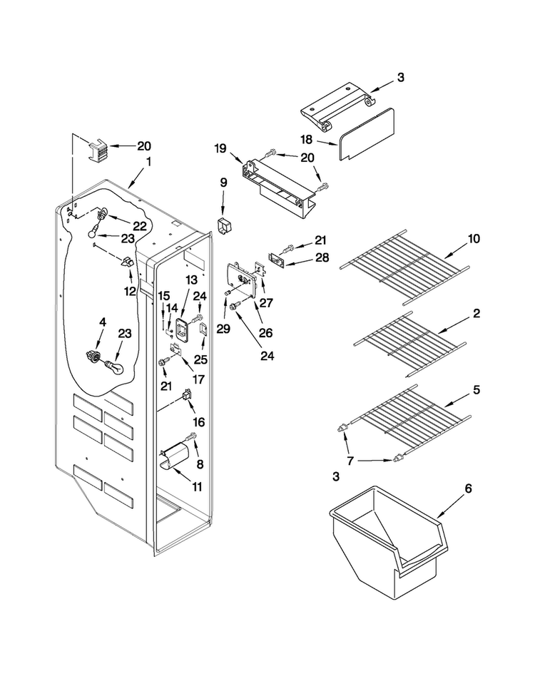 Freezer Liner Parts Diagram and Parts List for MSD2550VES02  Maytag Refrigerator