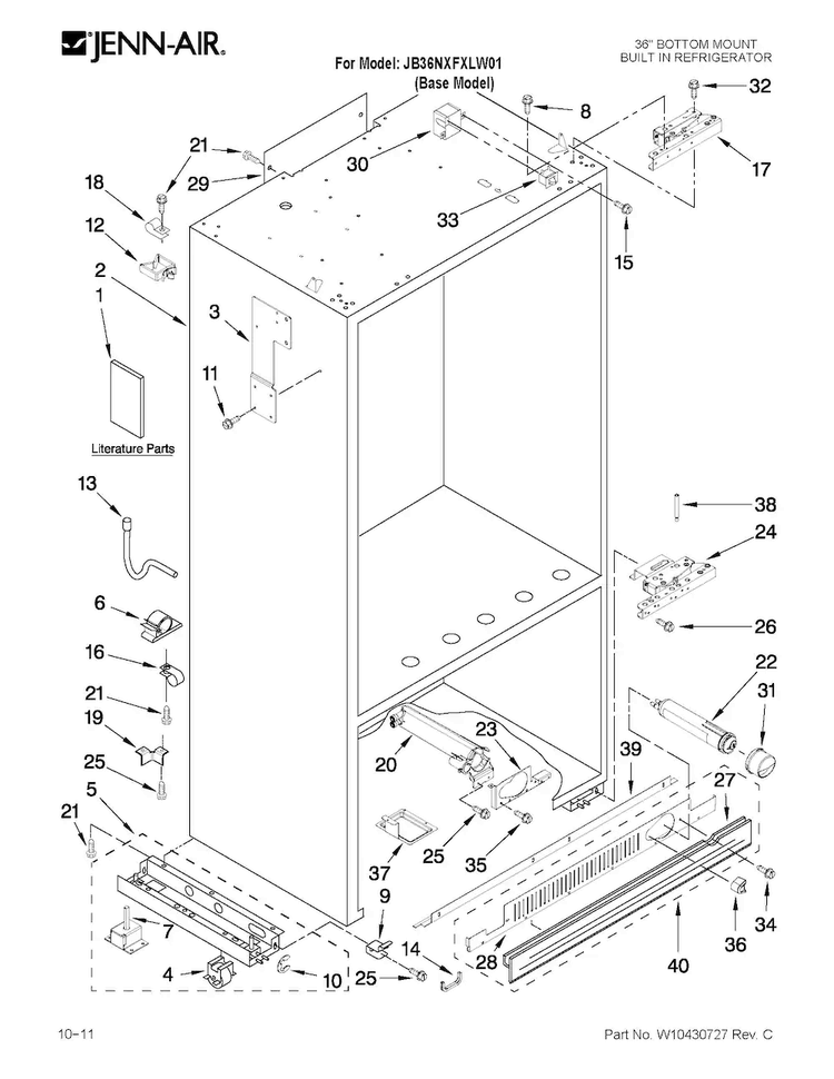 Cabinet Parts Diagram and Parts List for JB36NXFXLW01  Jenn-Air Refrigerator