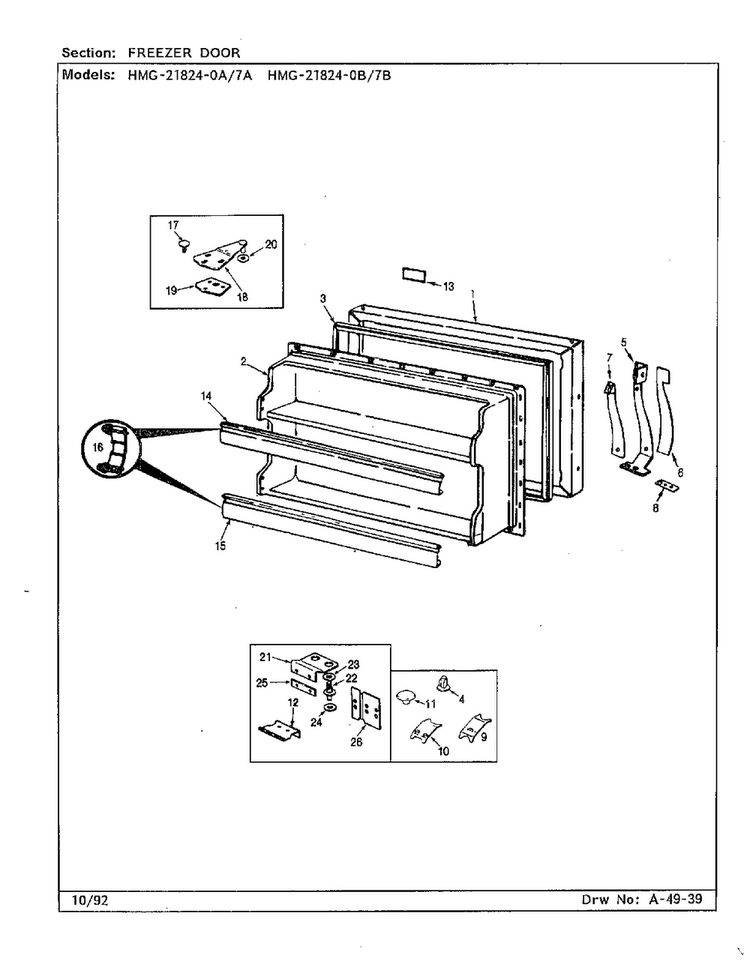 Freezer Door Diagram and Parts List for 21824-0A  Admiral Refrigerator