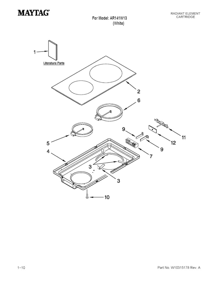 Glass Cartridge Diagram and Parts List for AR141W13  Maytag Range