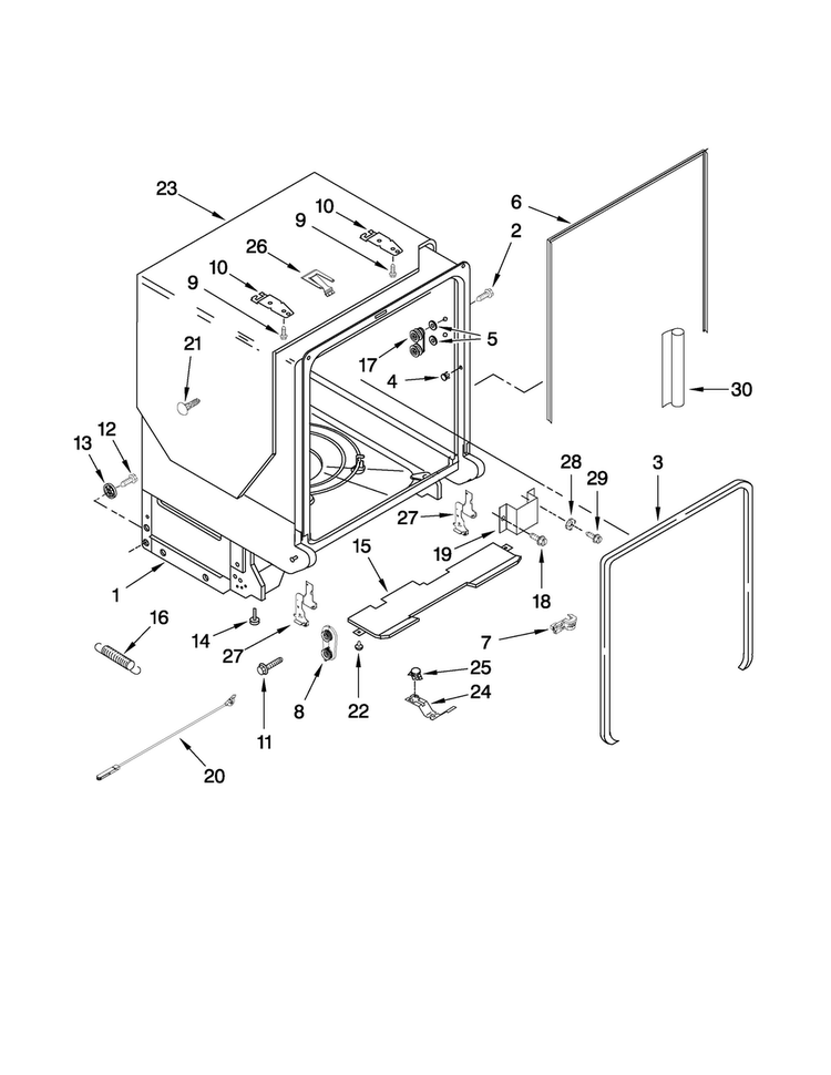 Tub And Frame Parts Diagram and Parts List for JDB3200AWW1  Jenn-Air Dishwasher
