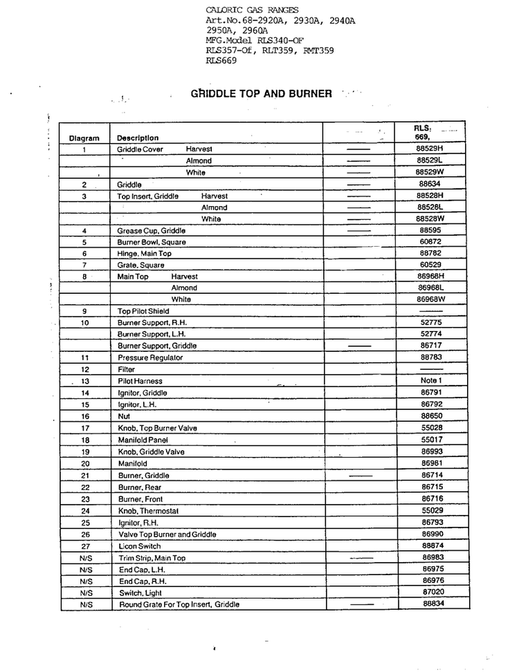 Griddle Top And Burner Page 2 Diagram and Parts List for 2940A  Amana Range