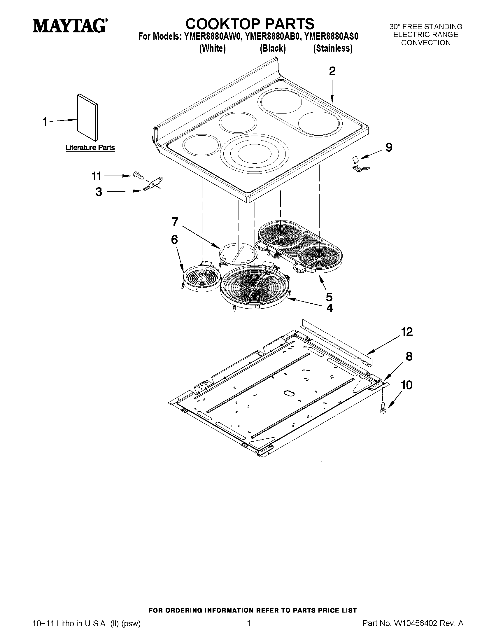 01 - COOKTOP PARTS Diagram and Parts List for YMER8880AB0  Maytag Range