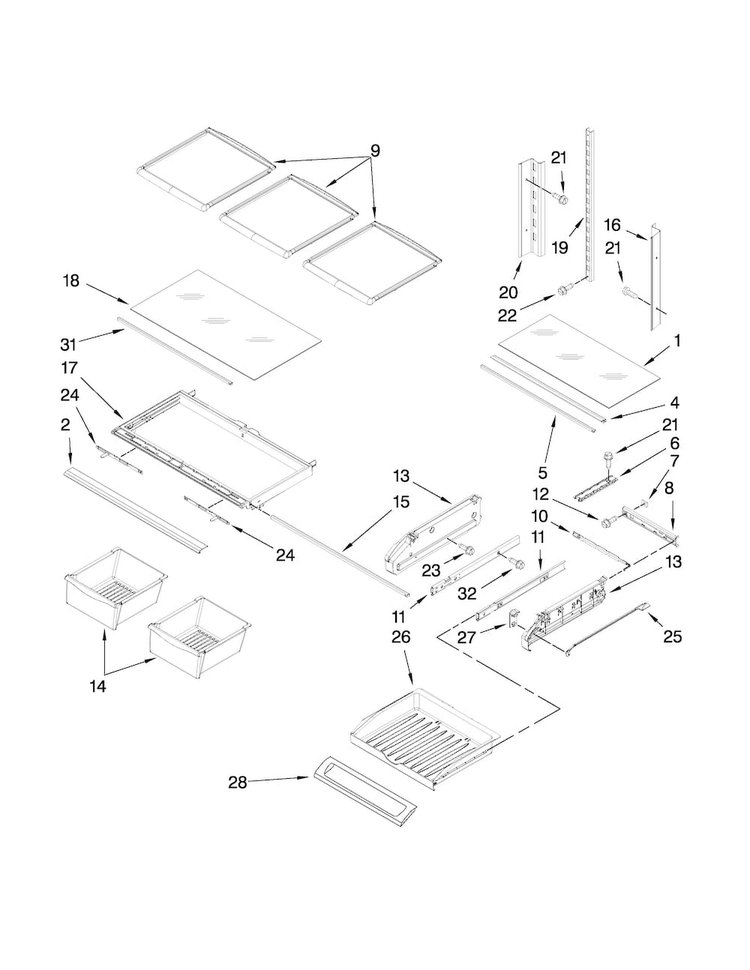 Shelf Parts Diagram and Parts List for MFI2067AEW4  Maytag Refrigerator