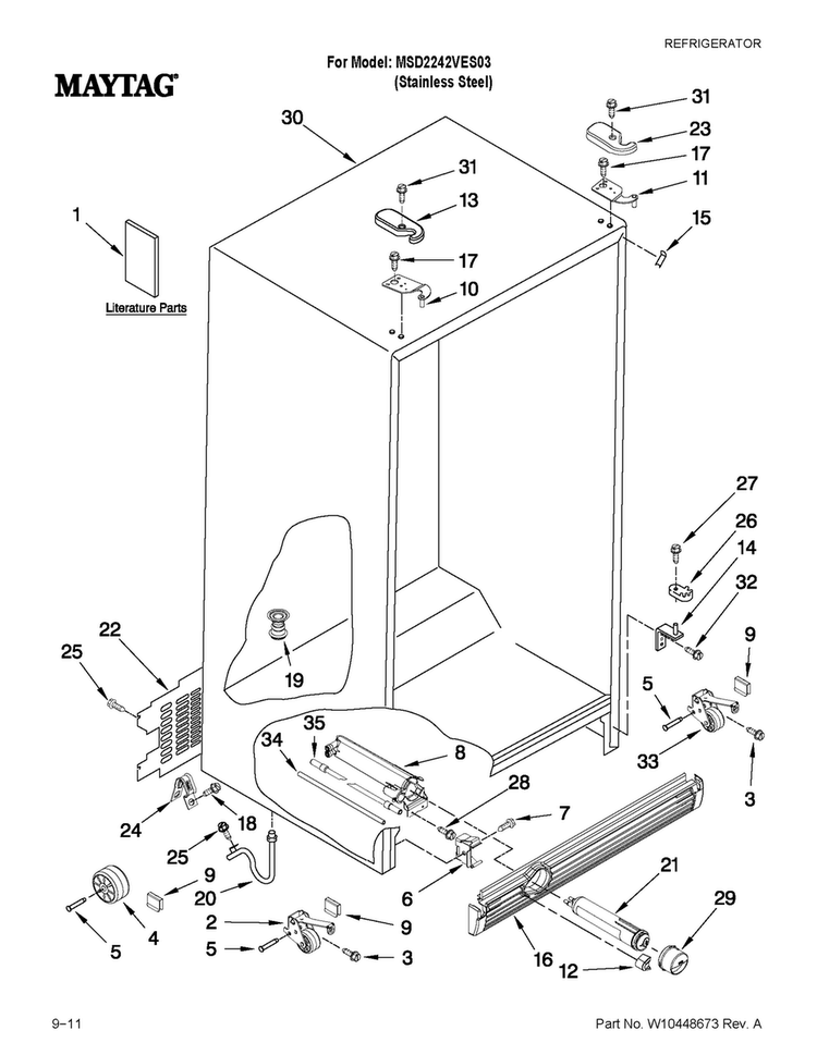 Cabinet Parts Diagram and Parts List for MSD2242VES03  Maytag Refrigerator