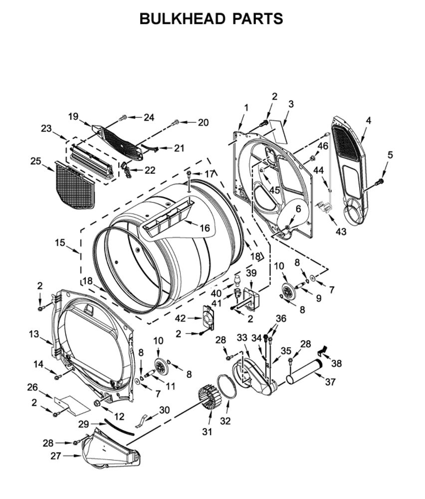Bulkhead Parts Diagram and Parts List for YMED7230HC1  Maytag Dryer