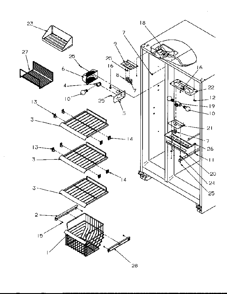 Freezer Shelving And Refrigerator Light Diagram and Parts List for 2599A-P1190419WL  Amana Refrigerator
