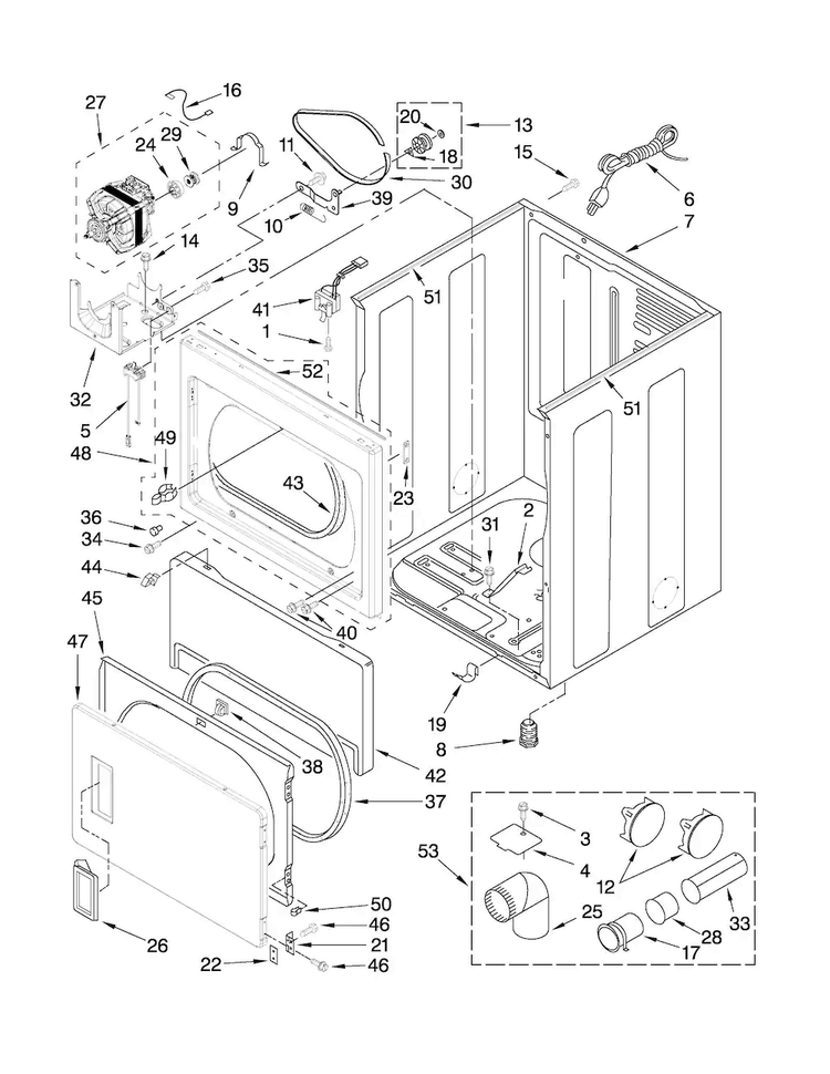 Cabinet Parts Diagram and Parts List for MGDX500XW0  Maytag Dryer