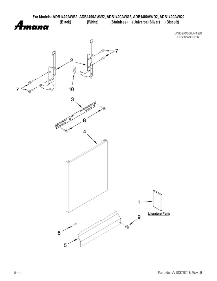 Door And Panel Parts Diagram and Parts List for ADB1400AWB2  Amana Dishwasher